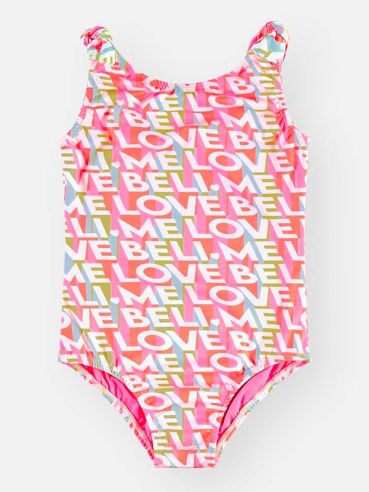 Maiô Infantil Menina Rosa Neon Estampa Love em Malha UV