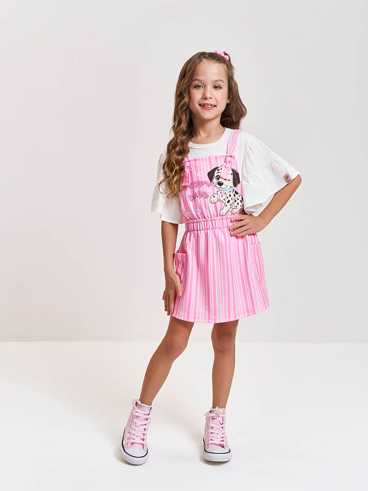 Conjunto Infantil com Blusa e Salopete Listrada – Look Menina Verão com Strass NATURAL/RS CONFETE