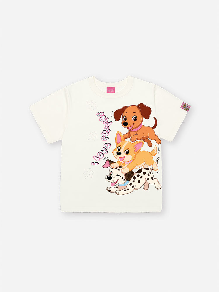 Conjunto Infantil com Blusa e Shorts em Moletinho – Look Menina Verão com Cachorrinhos OFF WHITE/PRETO