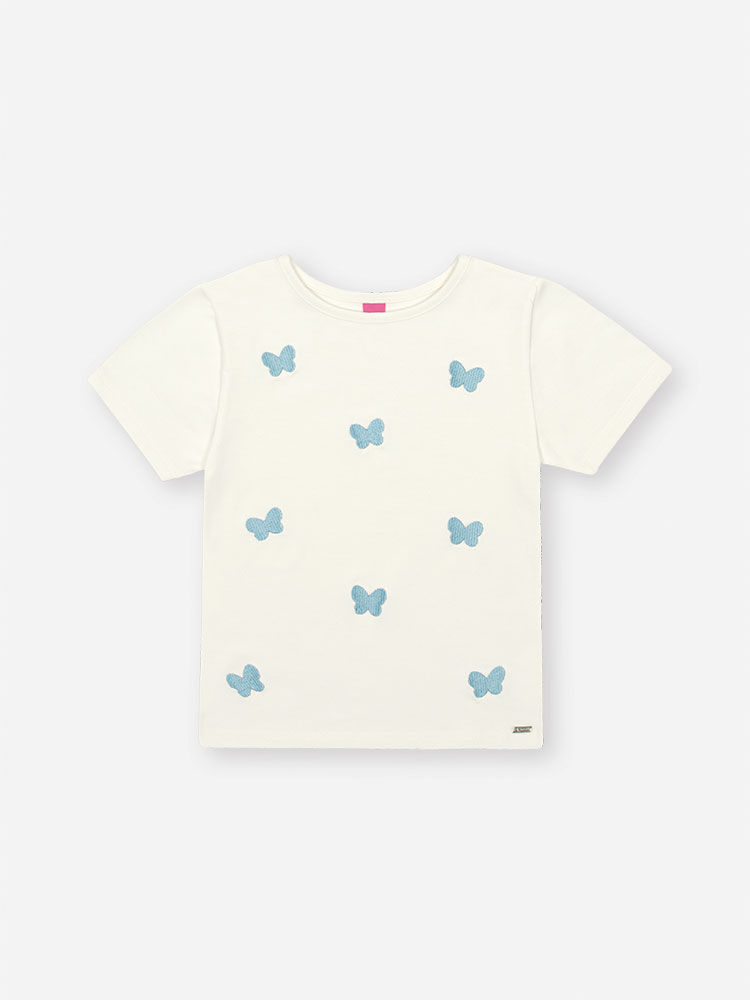 Blusa Infantil com Borboletas Bordadas – Camiseta Menina em Cotton Verão NATURAL/AZ PORCELANA