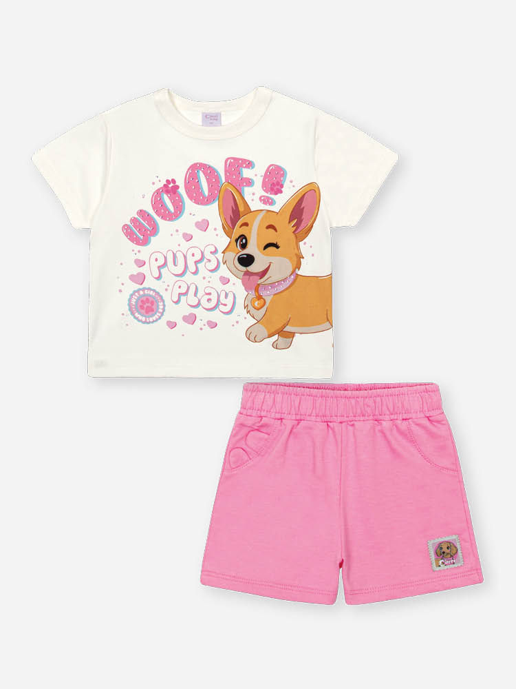 Conjunto Bebê Menina Cachorrinha com Orelhas Interativas – Blusa Boxy e Shorts em Algodão NATURAL/RS CONFETE