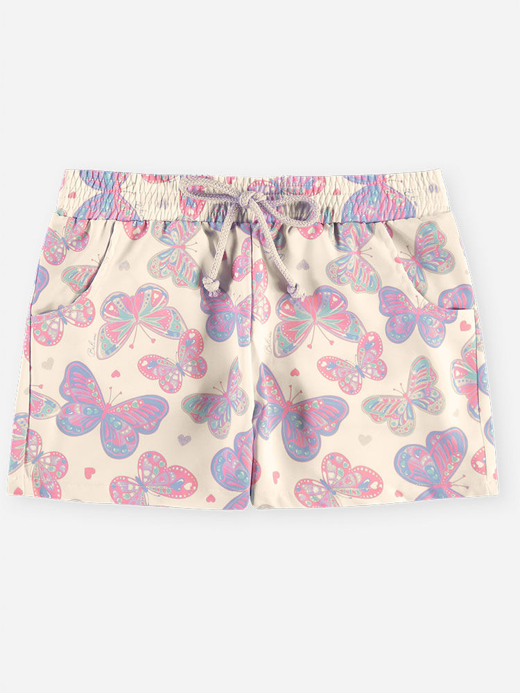 Short Infantil Menina em Nylon de Borboletas com Cordão