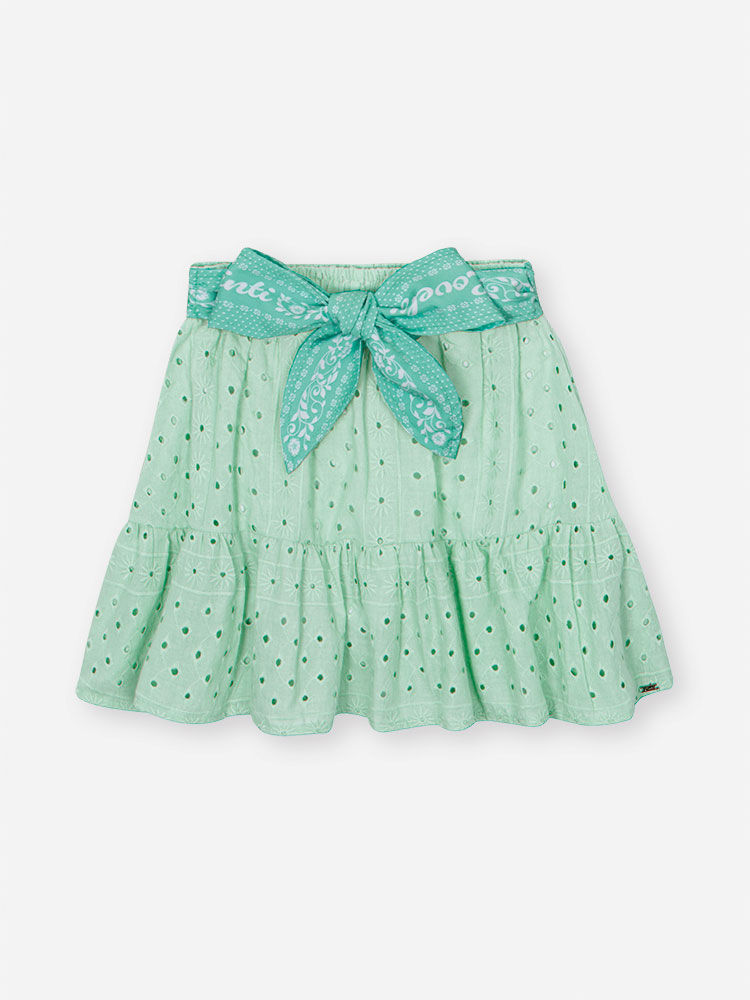Conjunto Infantil com Blusa em Cotton e Saia Shorts com Voil Bordado – Look Menina Verão com Lenço NATURAL/VD BRISA