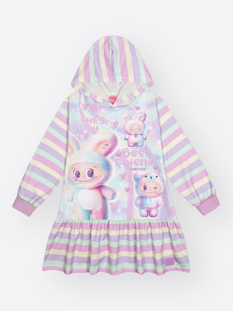 Vestido Infantil Manga Longa Listrado com Capuz – Vestido Menina Monstrinhos Mundo Cinti
