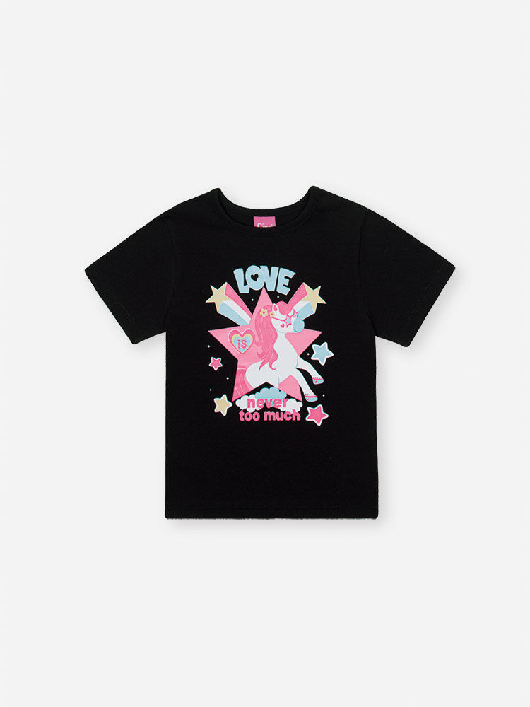 Conjunto Infantil com Blusa em Cotton de Unicórnio e Saia Shorts em Tule de Estrelas – Look Menina V PRETO