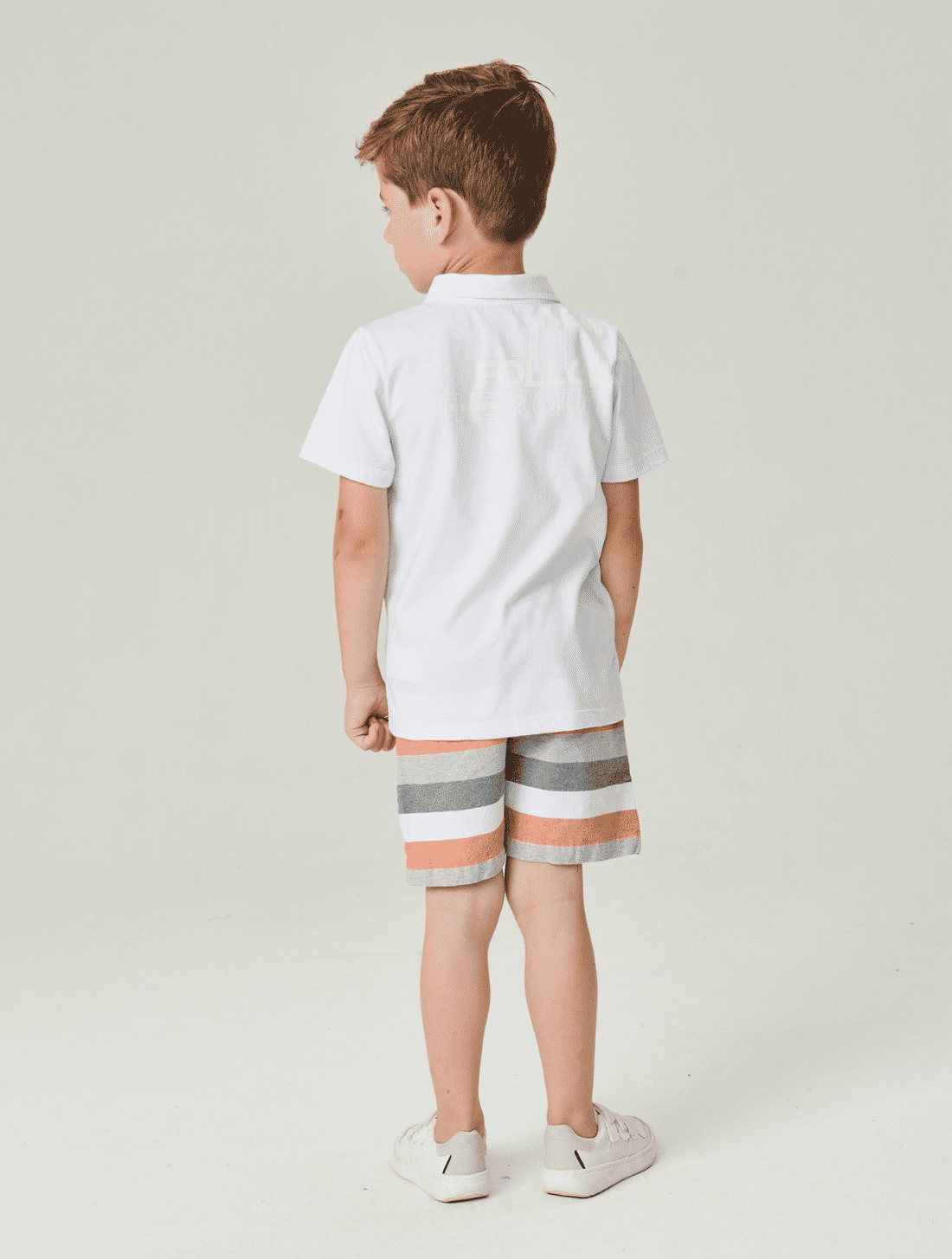 Conjunto Camisa Polo E Bermuda Listrada Branco E Mescla Abrange