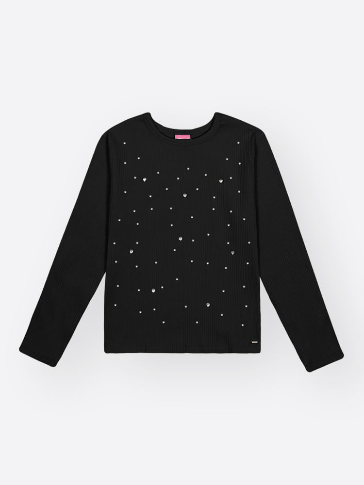 Blusa Canelada Menina com Strass Mundo Cinti PRETO Blusa Canelada Menina com Strass Mundo Cinti PRETO