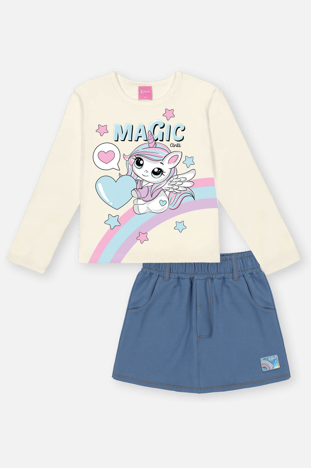 Conjunto Infantil Menina Blusa Magic E Short-Saia Natural Mundo Cinti