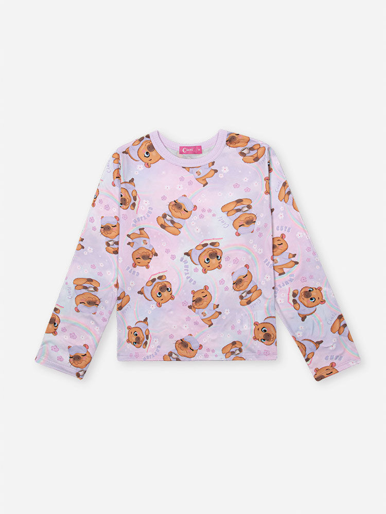 Pijama Infantil com Blusa e Calça em Malha Suede – Pijama Menina de Cachorrinho LILAS BRUMA