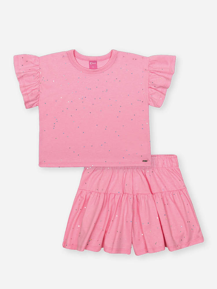 Conjunto Infantil Neon Love com Blusa e Shorts em Meia Malha P.A com Glitter – Look Menina Verão ROSA BARBIE