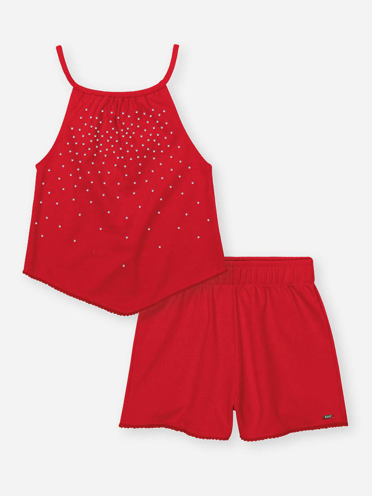 Conjunto Infantil de Natal com Blusa Bata e Shorts em Moletinho Waffle – Look Menina Verão com Stras VERMELHO MARTE