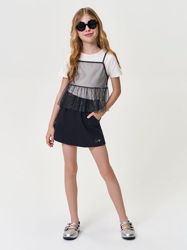Conjunto Infantil Noite de Brilho com Tule e Short-Saia