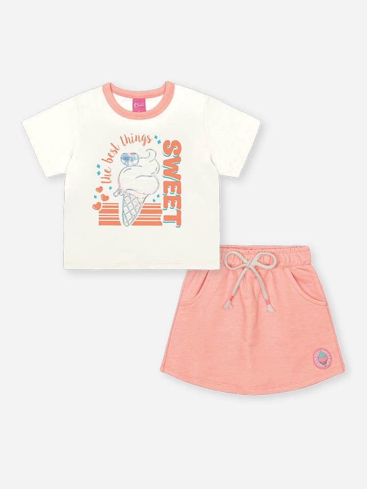 Conjunto Infantil Neon Love com Blusa Boxy e Shorts Saia em Moletom P.A – Look Menina Verão com Rele NATURAL/LARANJA NEON