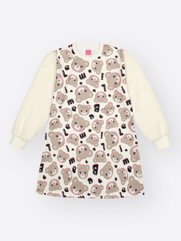 Vestido Infantil Estampado de Ursinho com Pelo Carneirinho Quentinho