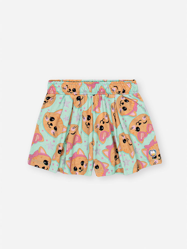 Conjunto Infantil com Blusa e Shorts em Cotton Linho de Gatinhos – Look Menina Verão Verde Brisa VERDE BRISA