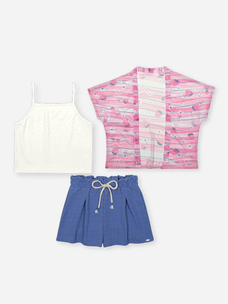 Conjunto Infantil com Regata Cropped em Cotton e Shorts com Kimono em Tule – Look Menina Verão com S NATURAL/AZ PROVENCE