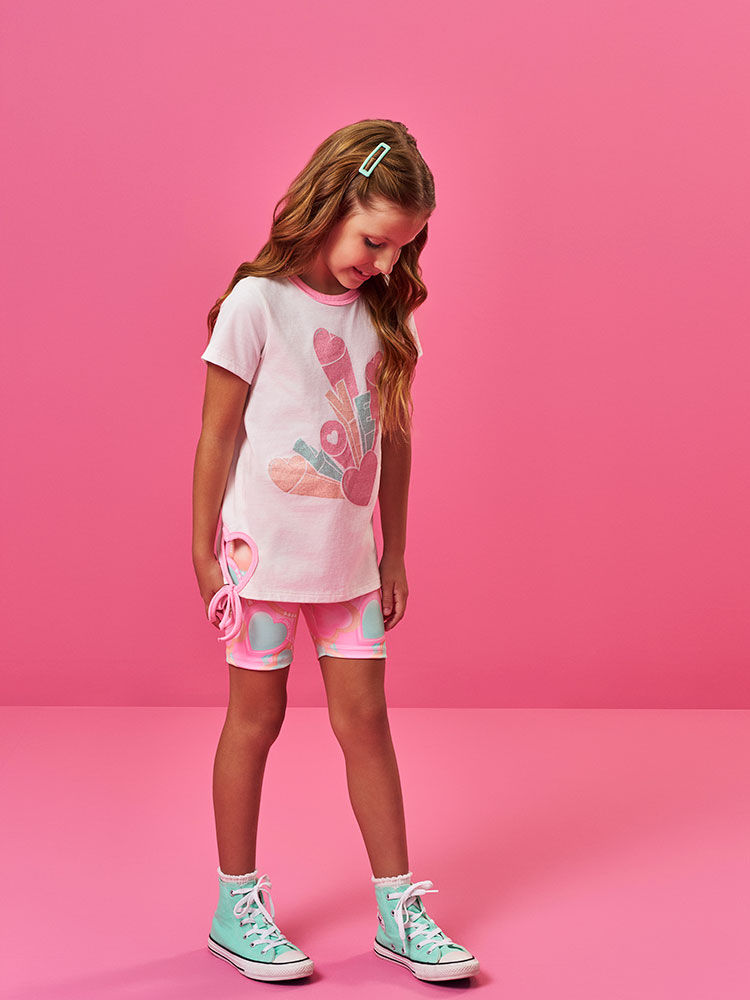 Conjunto Infantil Neon Love com Blusa em Meia Malha e Ciclista em Suplex – Look Menina Verão com Gli NATURAL/RS BARBIE