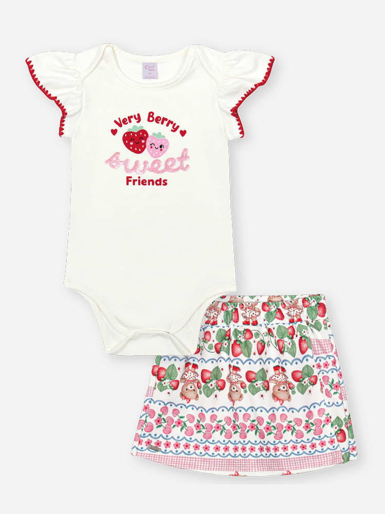 Conjunto Bebê Menina Body com Shorts Saia de Morangos – Look Infantil Berry Sweet Cinti Baby NATURAL/RS IOGURTE