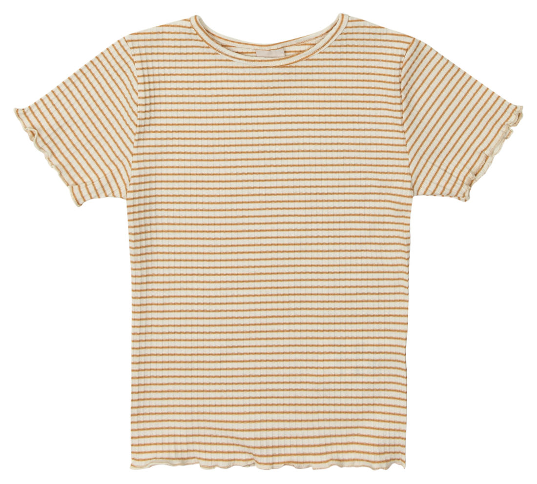 Blusa Infantil Cropped Listrada com Frufru Bege Blusa Infantil Cropped Listrada com Frufru Bege