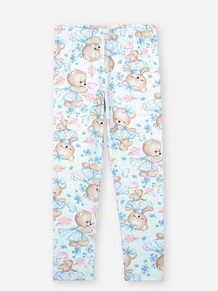Conjunto Infantil com Blusa 100% Algodão e Legging em Suplex – Look Menina Verão com Ursinha e Stras NATURAL/AZ PORCELANA