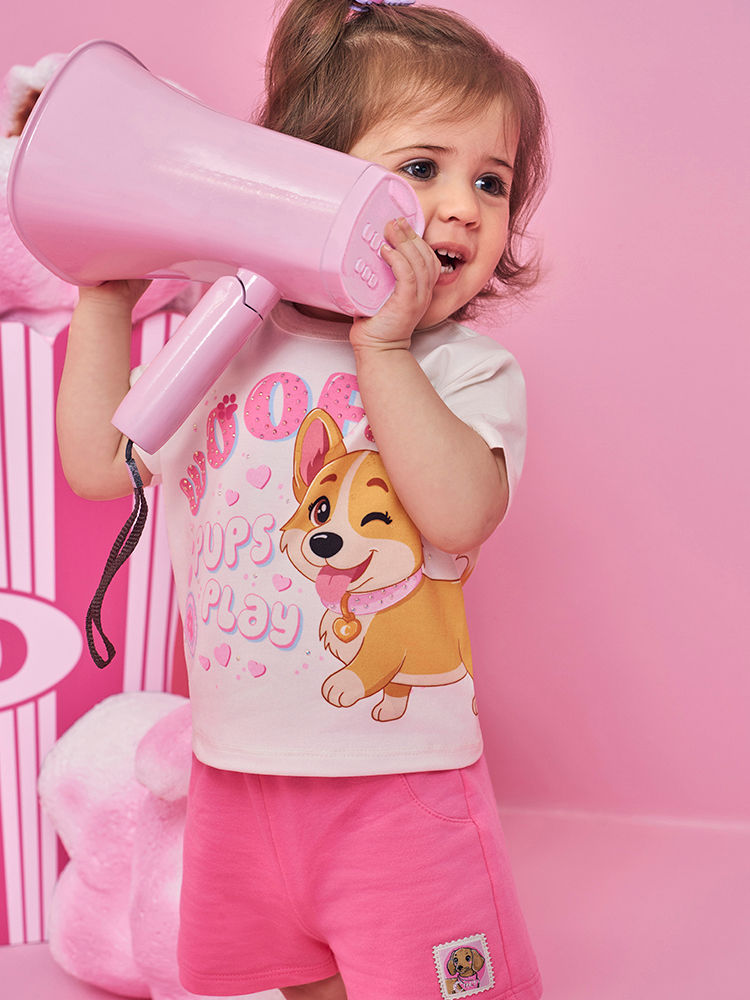 Conjunto Bebê Menina Cachorrinha com Orelhas Interativas – Blusa Boxy e Shorts em Algodão NATURAL/RS CONFETE
