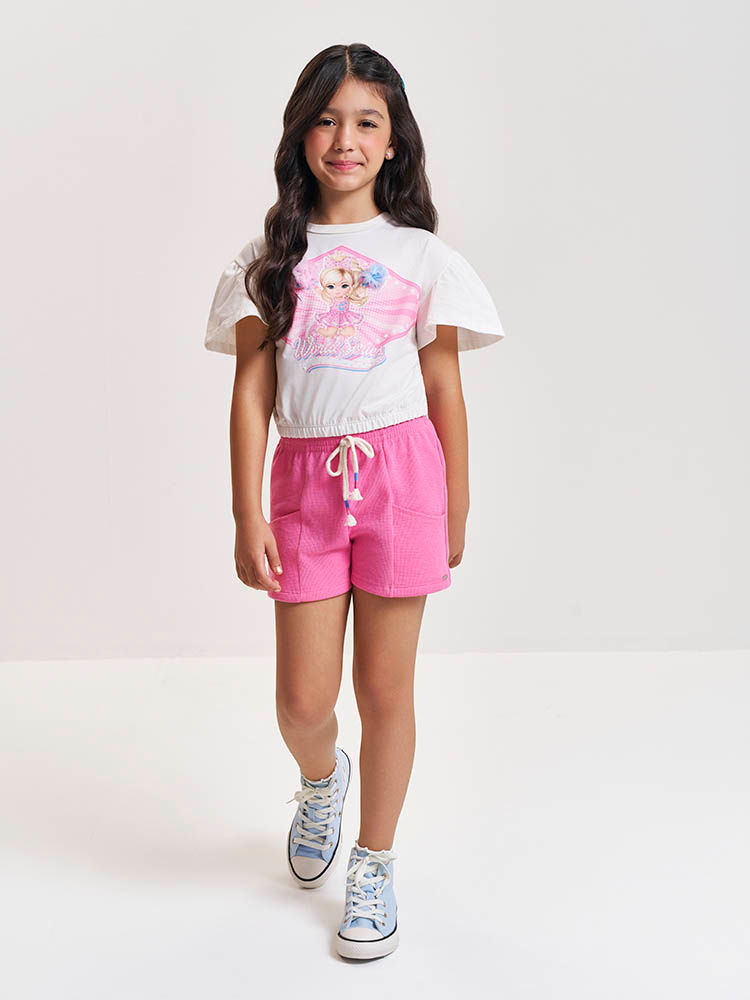 Conjunto Infantil Cheerleader com Shorts em Moletinho Waffle – Conjunto Menina Cinti NATURAL/RS CONFETE