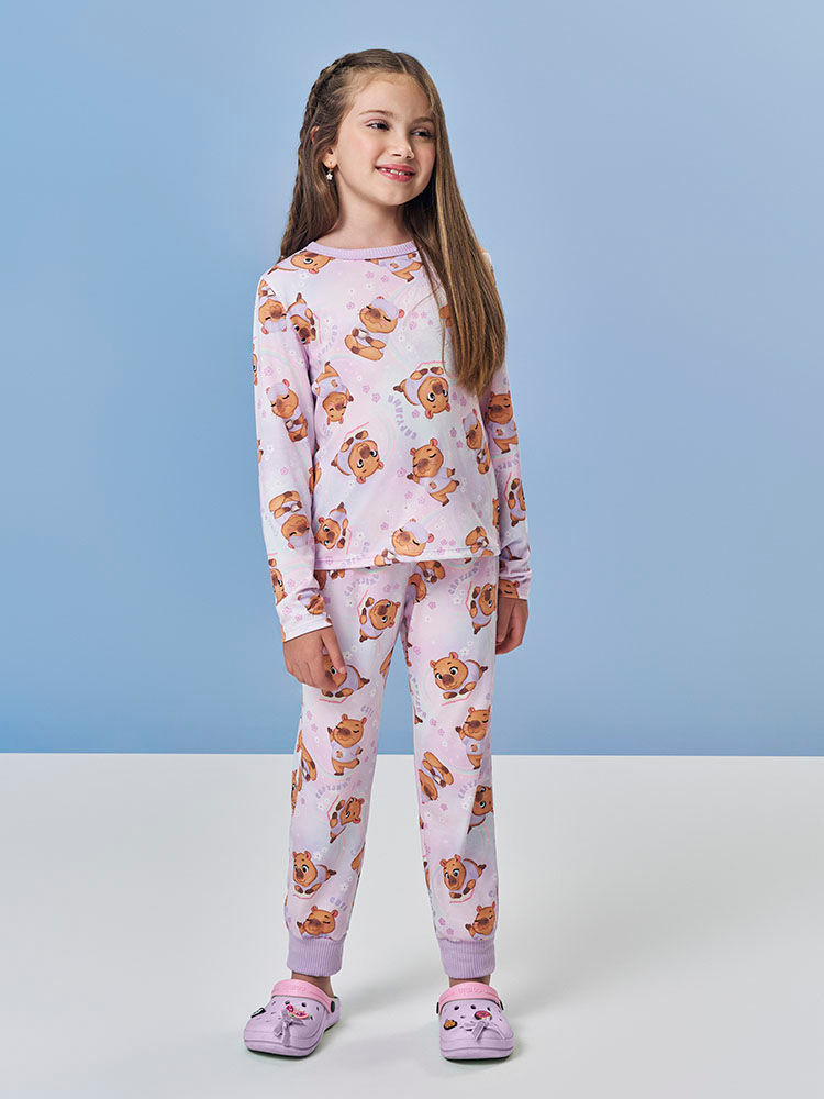Pijama Infantil com Blusa e Calça em Malha Suede – Pijama Menina de Cachorrinho LILAS BRUMA