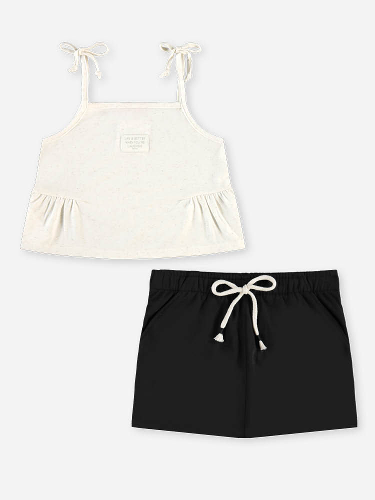 Conjunto Infantil Menina Regata Cropped e Short-Saia com Linho Preto