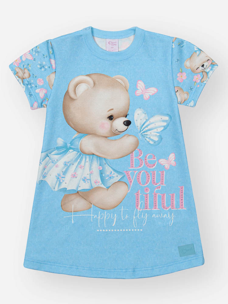 Vestido Bebê Menina Ursinha Bailarina em Molecotton – Vestido Infantil Confortável Cinti Baby AZUL PORCELANA