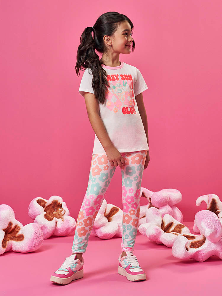 Conjunto Infantil Neon Love com Blusa em Meia Malha e Legging Floral em Suplex – Look Menina Verão c NATURAL/RS BARBIE