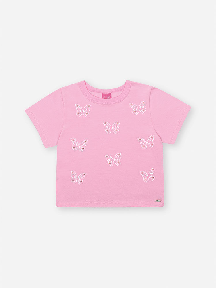 Blusa Infantil Boxy com Borboletas e Strass – Camiseta Menina em Meia Malha Verão ROSA IOGURTE