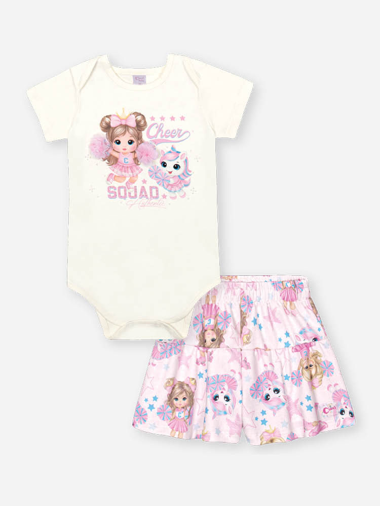 Conjunto Infantil Cheerleaders de Body em Cotton com Shorts Estampado e Strass NATURAL/RS IOGURTE