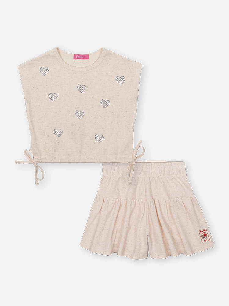 Conjunto Infantil de Festa com Blusa e Shorts em Moletinho Waffle – Look Menina Verão com Strass OFF WHITE