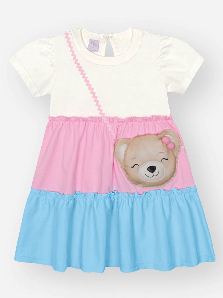 Vestido Bebê Menina Color Block com Bolsa Ursinha – Vestido Infantil em Algodão Cinti Baby NATURAL/RS IOGURTE/AZ PORCELANA