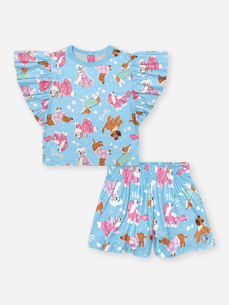 Conjunto Infantil com Blusa e Shorts em Cotton Linho – Look Menina Verão Azul com Estampa de Cachorr AZUL PORCELANA
