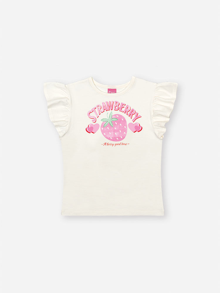 Conjunto Infantil com Blusa em Cotton e Saia Shorts com Tule Foil – Look Menina Verão com Morango e NATURAL/RS IOGURTE