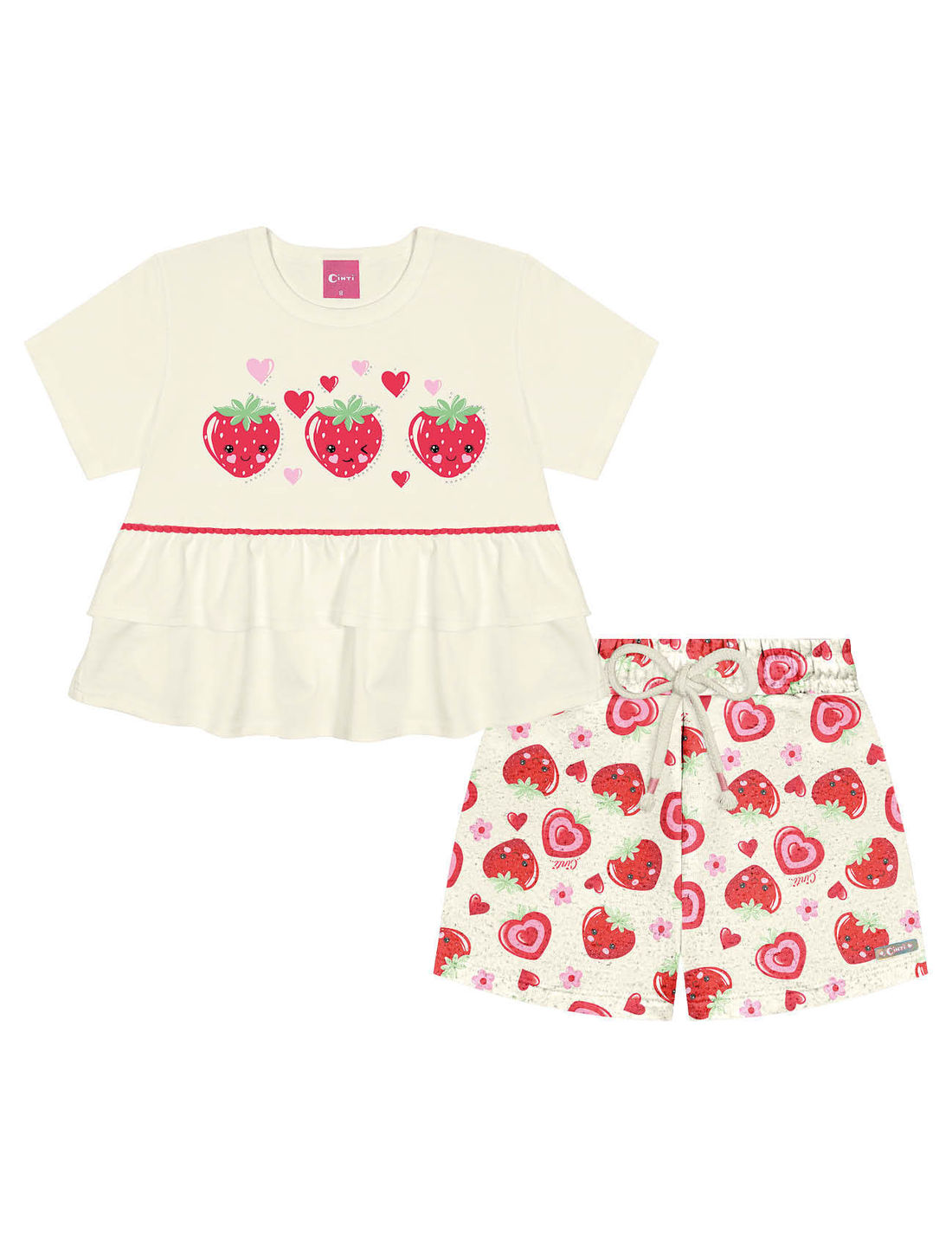 Conjunto Infantil Menina Blusa E Short Strawberry Natural E Vermelho Cinti Conjunto Infantil Menina Blusa E Short Strawberry Natural E Vermelho Cinti