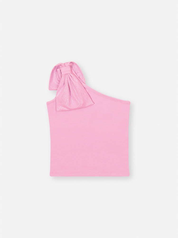 Conjunto Infantil com Blusa de Um Ombro Só e Saia Shorts em Cetim Glow – Look Menina Verão com Stras ROSA IOGURTE