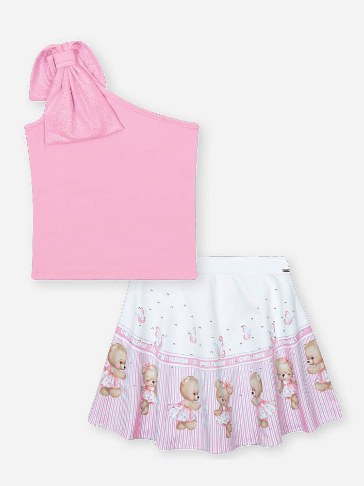 Conjunto Infantil com Blusa de Um Ombro Só e Saia Shorts em Cetim Glow – Look Menina Verão com Stras ROSA IOGURTE
