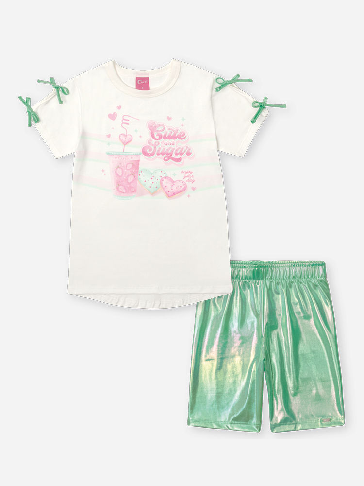 Conjunto Infantil Blusa Laços e Ciclista Metalizada Verde