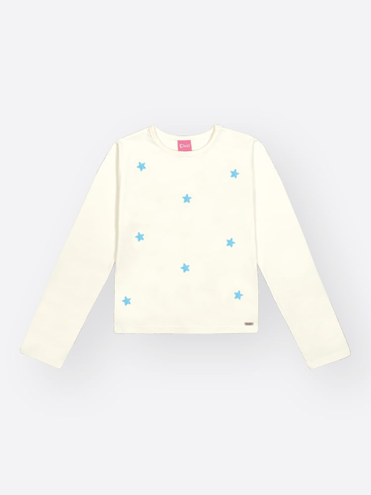 Blusa Menina em Cotton Estrelas Bordadas Mundo Cinti NATURAL/AZUL