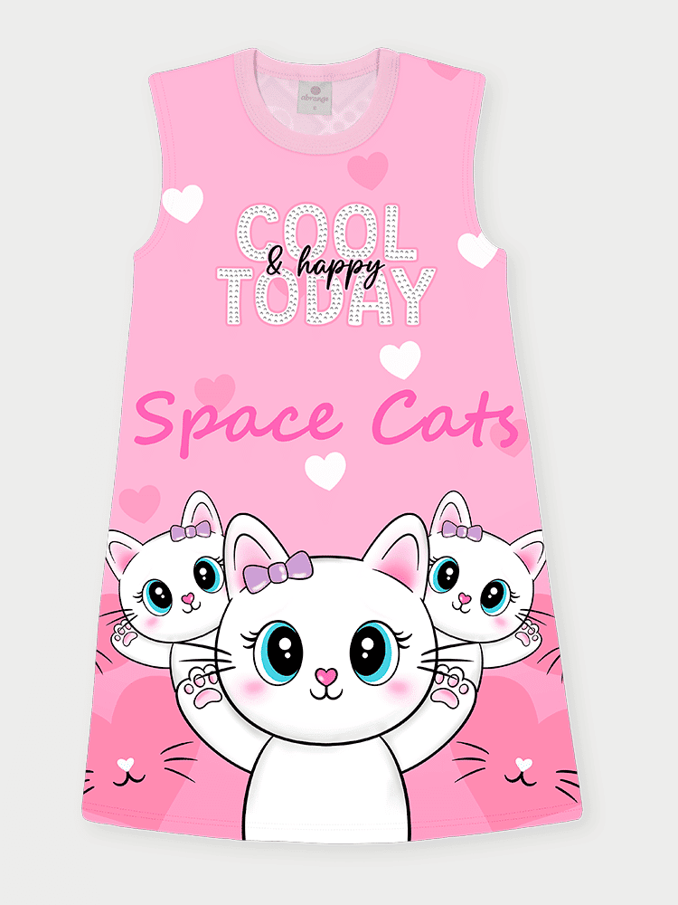 Vestido Infantil Estampado Space Cats Rosa Abrange