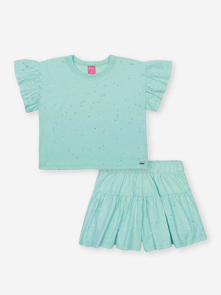 Conjunto Infantil Neon Love com Blusa e Shorts em Meia Malha P.A com Glitter – Look Menina Verão VERDE BRISA