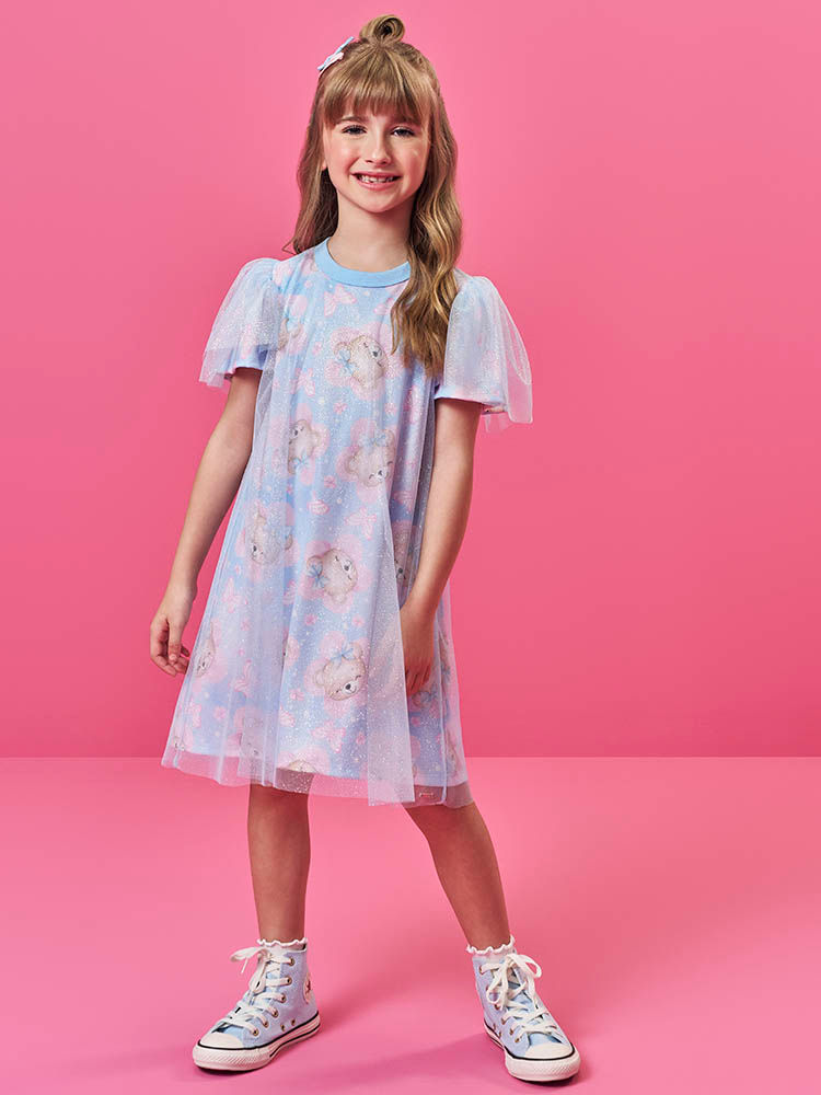 Vestido Infantil em New Stretch com Tule Foil – Vestido Menina Verão com Estampa de Ursinha AZUL PORCELANA