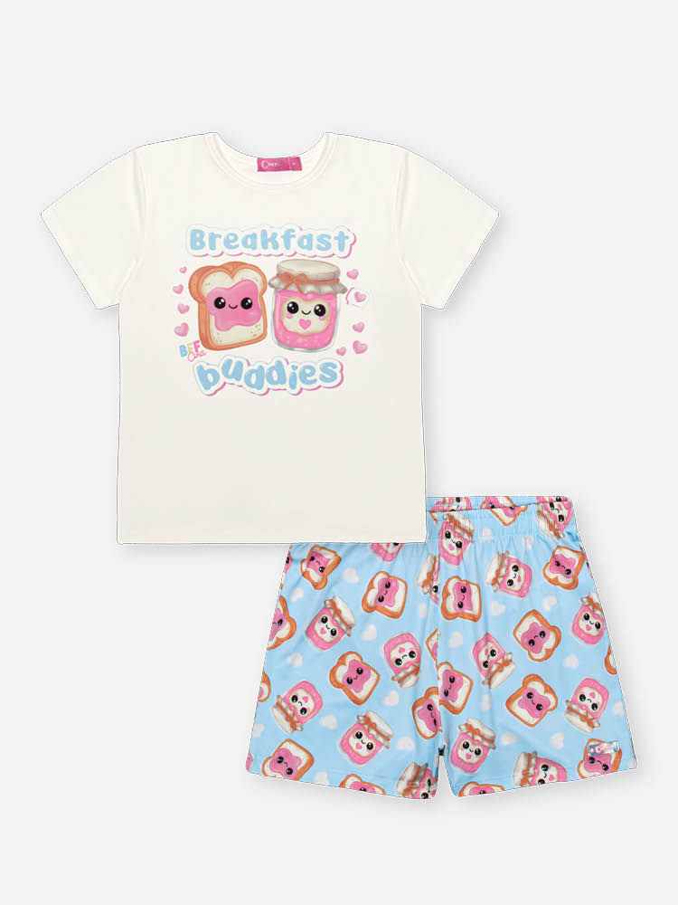 Pijama Infantil com Blusa e Shorts em Malha Suede – Pijama Menina Verão Estampa Breakfast Buddies NATURAL/AZ PORCELANA
