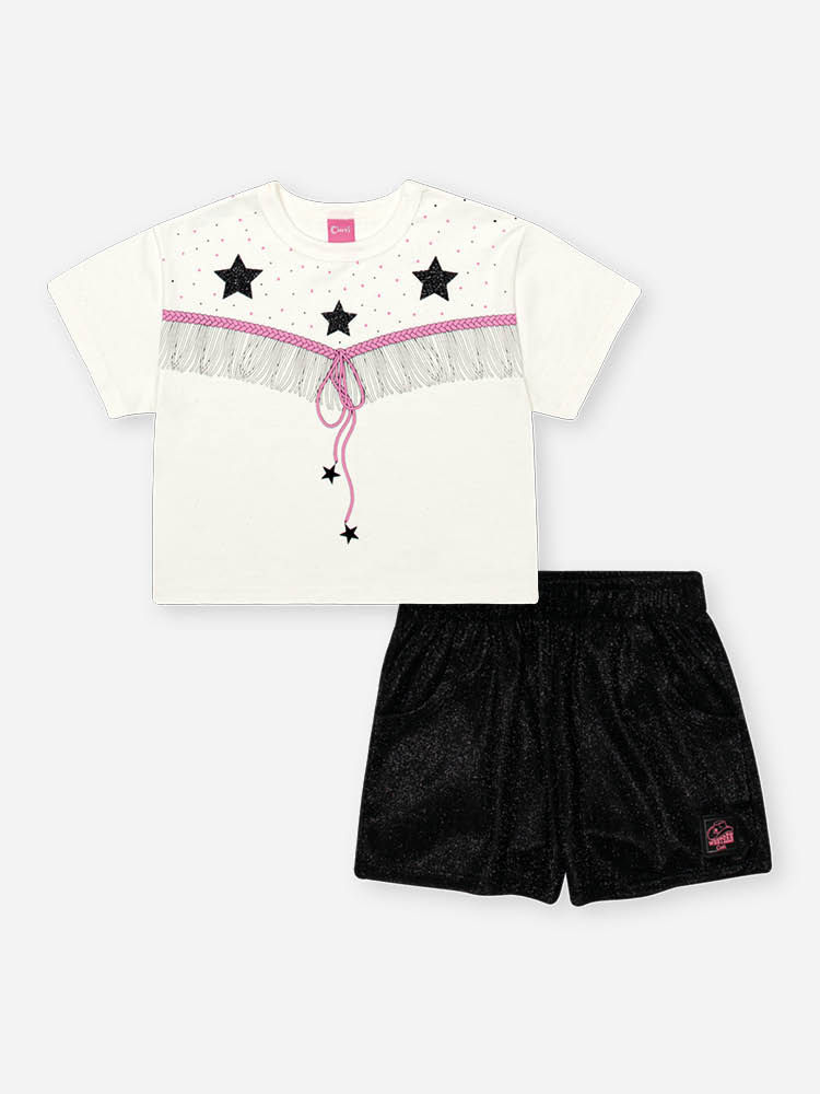 Conjunto Infantil com Blusa Boxy Boiadeira e Shorts em Malha Glow – Look Menina Verão com Glitter NATURAL/PRETO