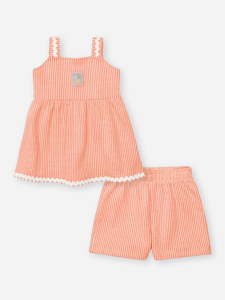 Conjunto Bebê Menina Blusa e Shorts Listrado Laranja Neon