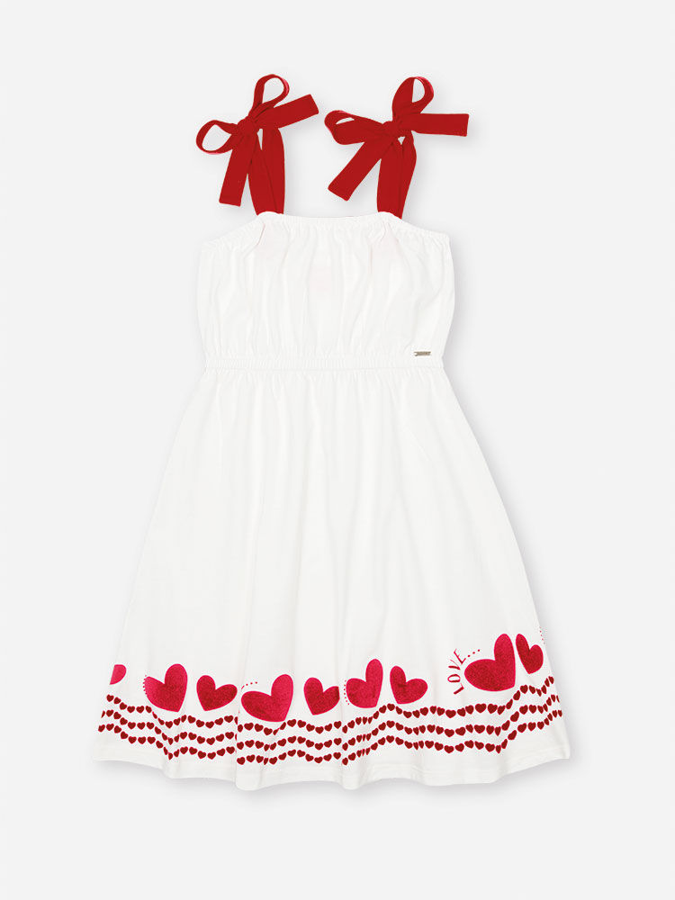Vestido Infantil de Festa em Meia Malha – Vestido Menina Verão com Laços e Corações NATURAL