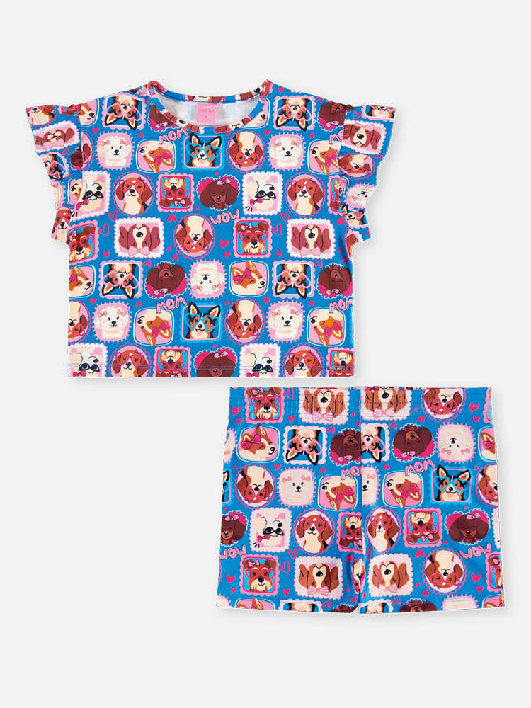 Conjunto Infantil Menina Boxy e Short de Cachorrinhos