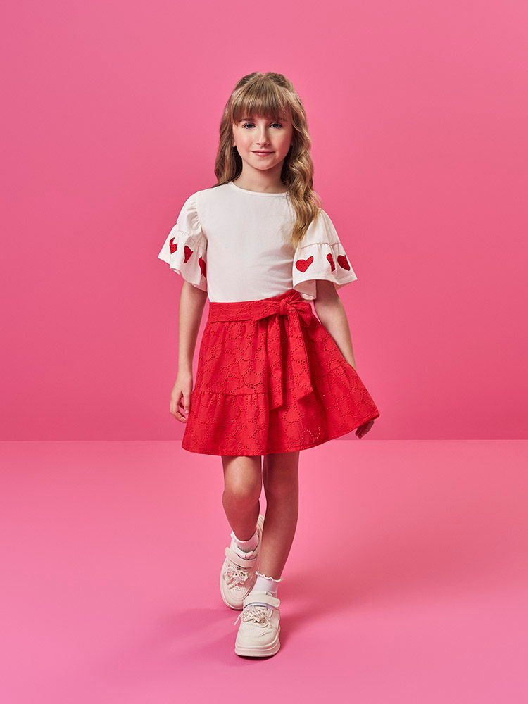 Conjunto Infantil de Festa com Blusa em Cotton e Saia Shorts em Laise Coração – Look Menina Verão co NATURAL/VM MARTE